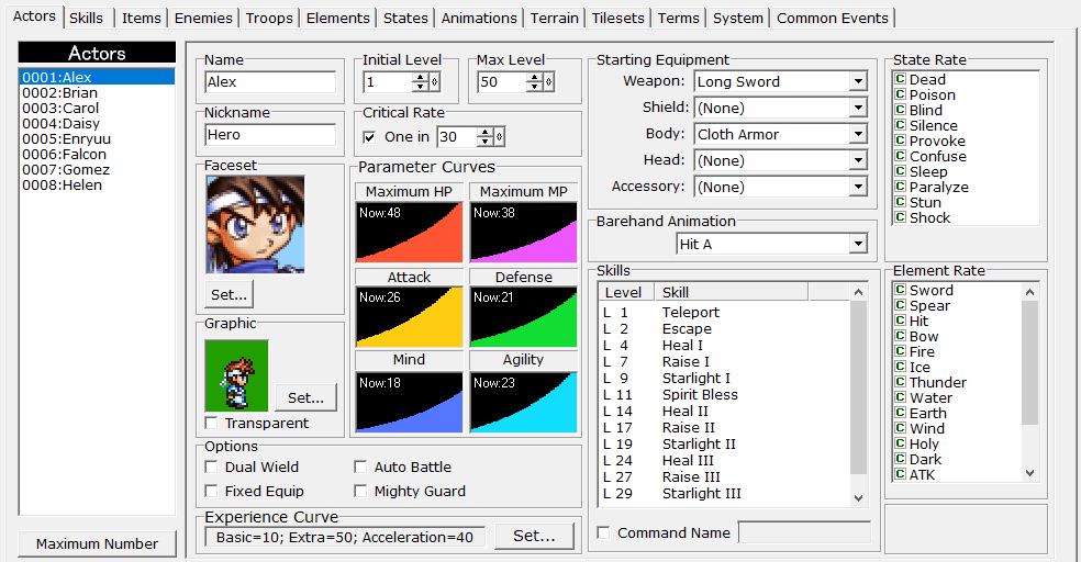 Okno bazy danych ("Database") w "RPG Maker 2000"