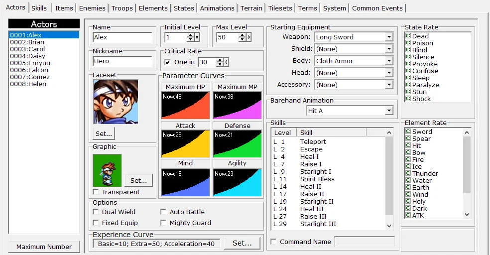 Okno bazy danych ("Database") w "RPG Maker 2000"