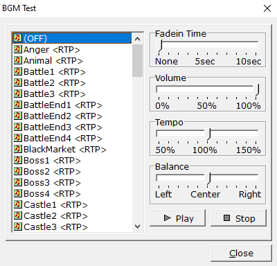Okno odtwarzacza muzyki ("BGM Test") w "RPG Maker 2000"