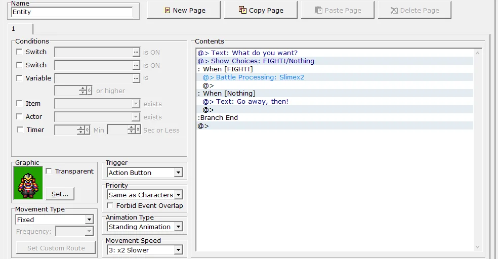 Okno zdarzeń ("Events") w "RPG Maker 2000"
