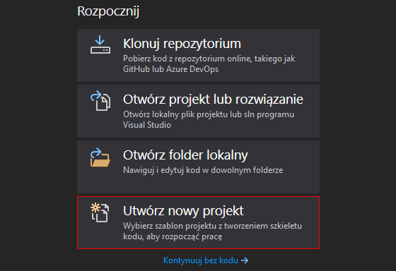Tworzenie projektu dla pierwszego programu w języku C# w "Visual Studio 2019"