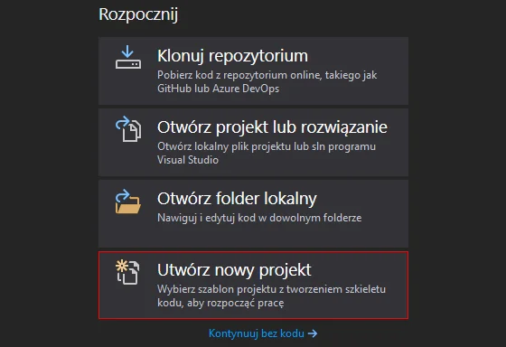 Tworzenie projektu dla pierwszego programu w języku C# w "Visual Studio 2019"