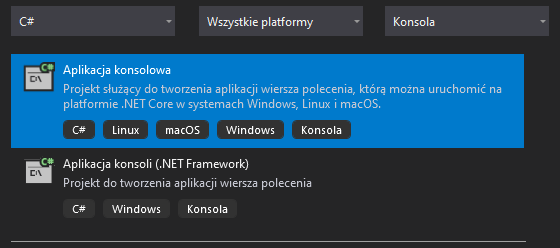 Tworzenie projektu dla pierwszego programu w języku C# w "Visual Studio 2019" - część druga