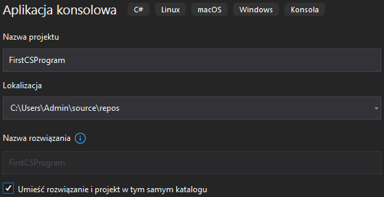 Tworzenie projektu dla pierwszego programu w języku C# w "Visual Studio 2019" - część trzecia