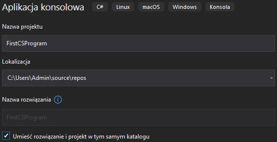 Tworzenie projektu dla pierwszego programu w języku C# w "Visual Studio 2019" - część trzecia