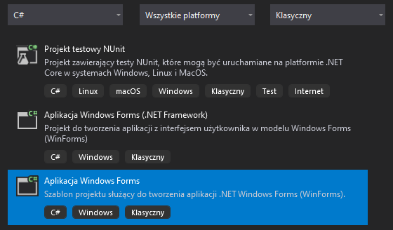 Tworzenie projektu "Windows Forms" w "Visual Studio 2019"