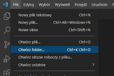 Otwieranie folderu w programie "VSCode"