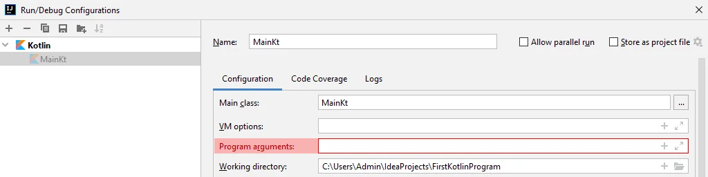 Argumenty do programu w języku Kotlin w "IntelliJIDEA"