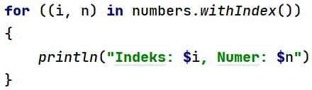 Pętla "for" w języku Kotlin z metodą "withIndex"