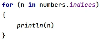 Pętla "for" w języku Kotlin z właściwością "indices"