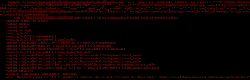 Błąd przy instalacji pakietu "simpleaudio" w systemie "pip" w Pythonie (pakiet "pydub")