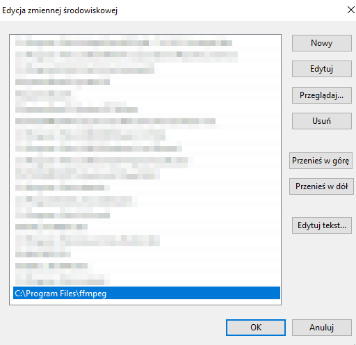 Dodanie zmiennej środowiskowej dla "ffmpeg" w systemie Windows 10