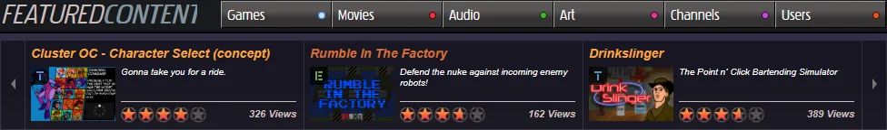 Sekcja "Featured Content" na Newgrounds w dniu 5 marca, 2025 roku