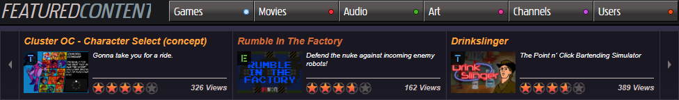 Sekcja "Featured Content" na Newgrounds w dniu 5 marca, 2025 roku Sekcja "Featured Content" na Newgrounds w dniu 5 marca, 2025 roku