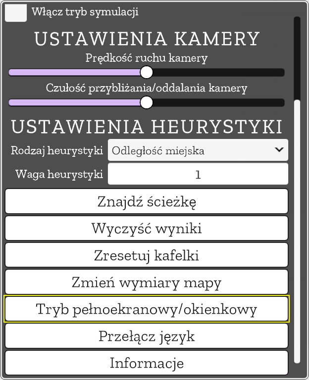 Przycisk do przełączania trybu pełnoekranowego/okienkowego w "A* Visualiser"