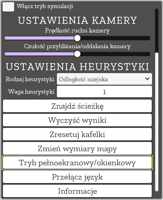 Przycisk do przełączania trybu pełnoekranowego/okienkowego w "A* Visualiser"