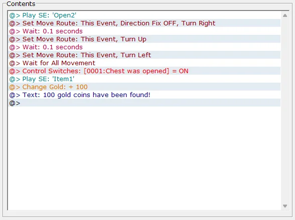 Okno zdarzeń otwarcia skrzyni w "RPG Maker 2000"/"RPG Maker 2003"