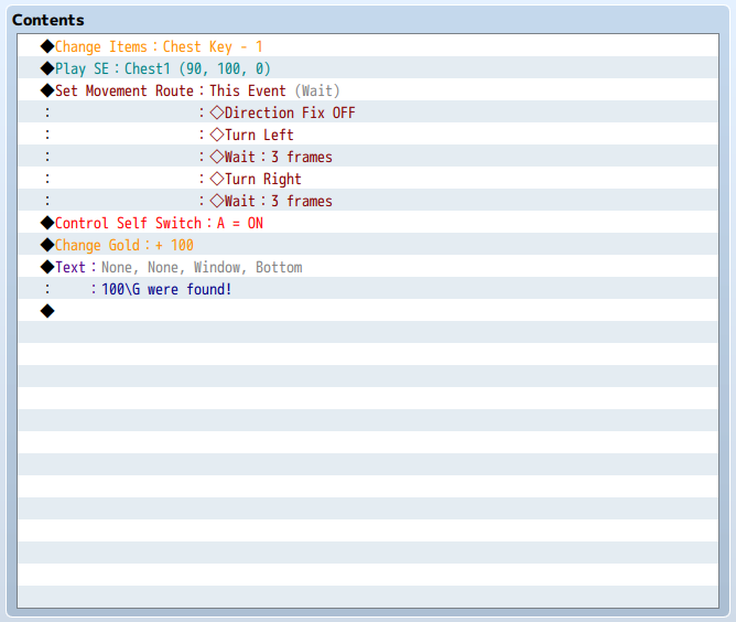 Okno zdarzeń otwarcia skrzyni zamkniętej na klucz w "RPG Maker MZ" Okno zdarzeń otwarcia skrzyni zamkniętej na klucz w "RPG Maker MZ"