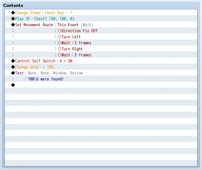 Okno zdarzeń otwarcia skrzyni zamkniętej na klucz w "RPG Maker MZ"