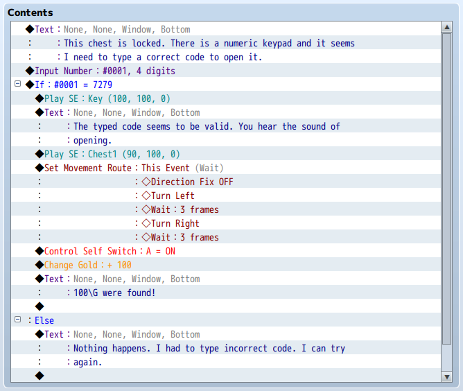 Okno zdarzeń skrzyni zamkniętej na kod w "RPG Maker MZ" Okno zdarzeń skrzyni zamkniętej na kod w "RPG Maker MZ"