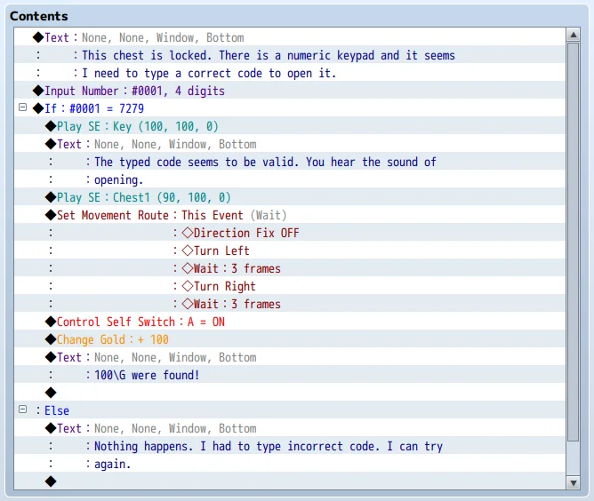 Okno zdarzeń skrzyni zamkniętej na kod w "RPG Maker MZ"