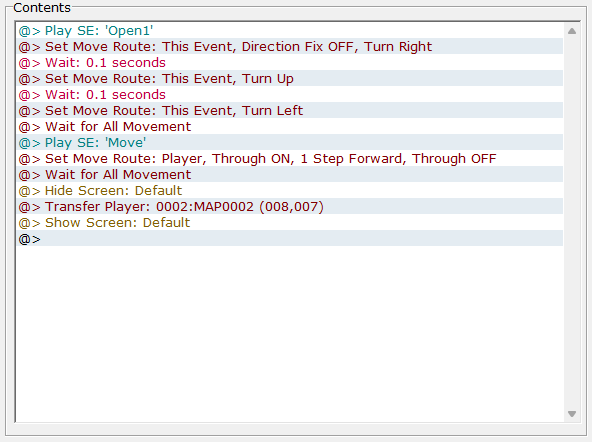 Okno zdarzeń teleportacji do innej mapy po otwarciu drzwi w "RPG Maker 2000"/"RPG Maker 2003"