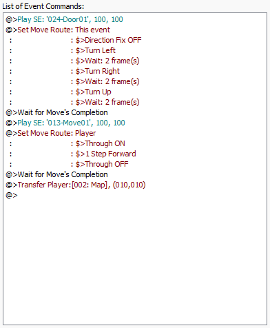Okno zdarzeń teleportacji do innej mapy po otwarciu drzwi w "RPG Maker XP"