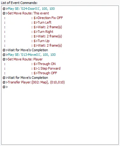 Okno zdarzeń teleportacji do innej mapy po otwarciu drzwi w "RPG Maker XP"