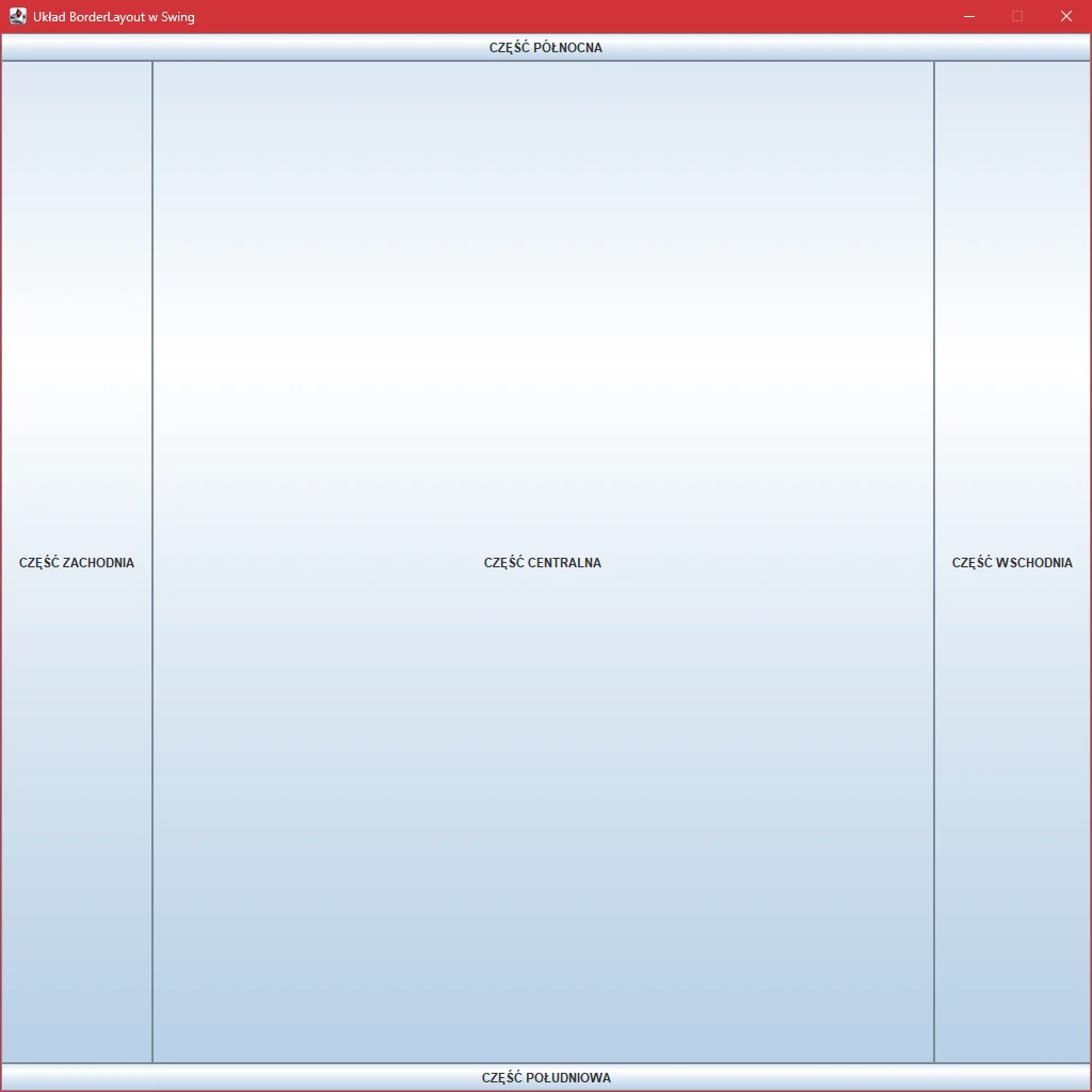Wygląd okna z układem "BorderLayout" w "Swing"