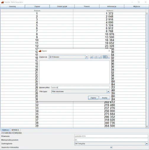 Widok okna zapisu w "Statistic Table Generator"