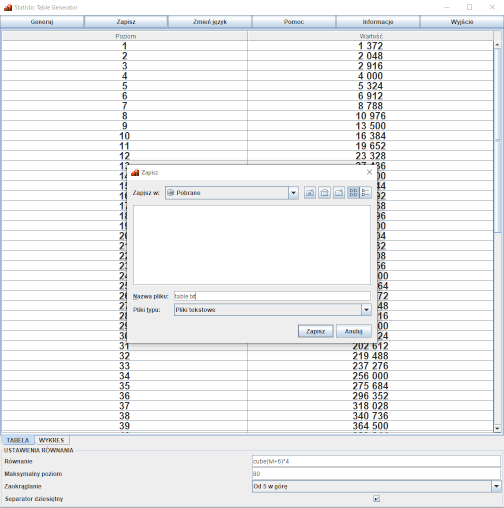"Statistic Table Generator" - widok okna zapisu